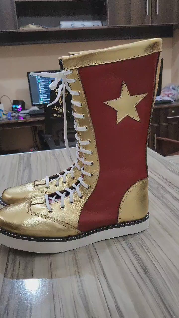 Stoeister-stewels, handgemaak, 100% suiwer leer, maroen en goudkleurig