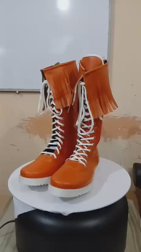 Pro Wrestling Boots  , Handmade, 100% Original Leather, Orange Fringes style