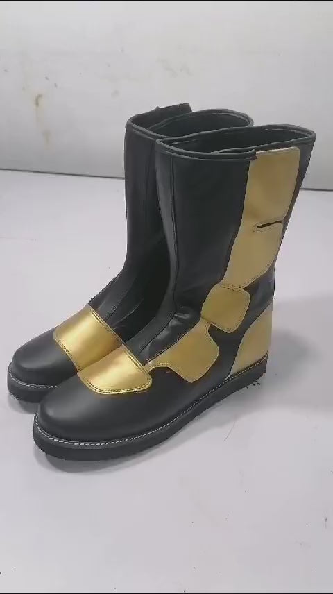 Wrestling Long Boots, Hook and Loop style, Handmade Black and Golden Color, 100% original Leather, Customizable