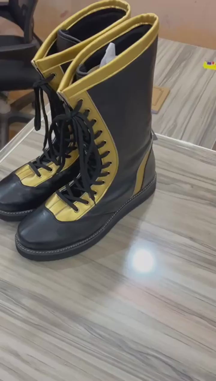 Stoei Lang Stewels, 100% Oorspronklike Leer, Swart & Goud Kleur Streep, Handgemaak, Aanpasbaar