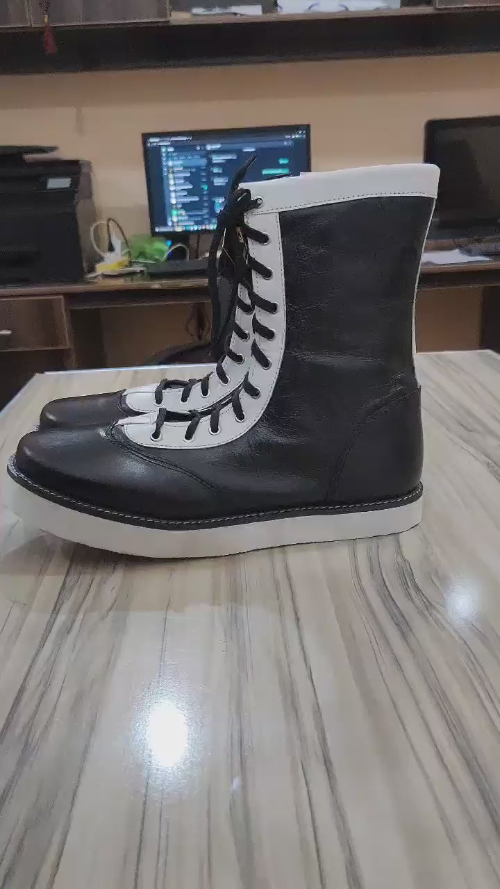 Pro Wrestling Boots, Low Cut, 100% Original leather, Handmade,  Black with white trim