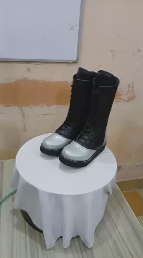Handmade Leather Pro Wrestling Boots Black and Silver