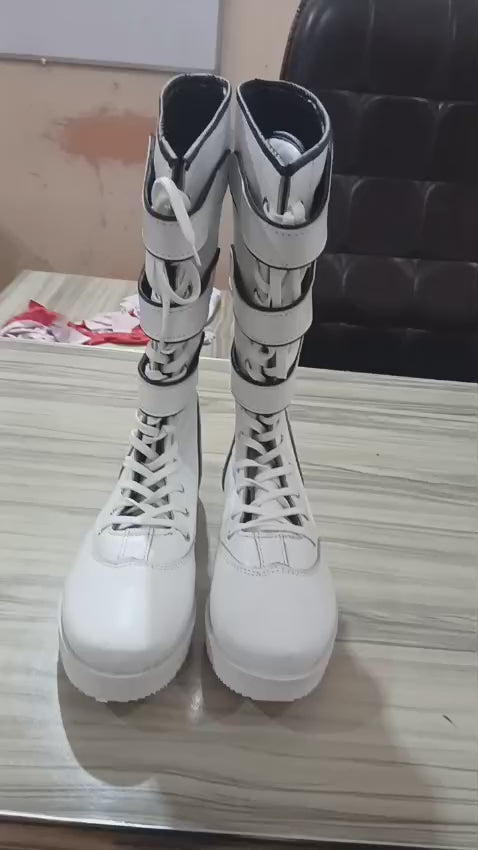 Pro Wrestling White Boots with straps, Handmade, 100% Original Leather