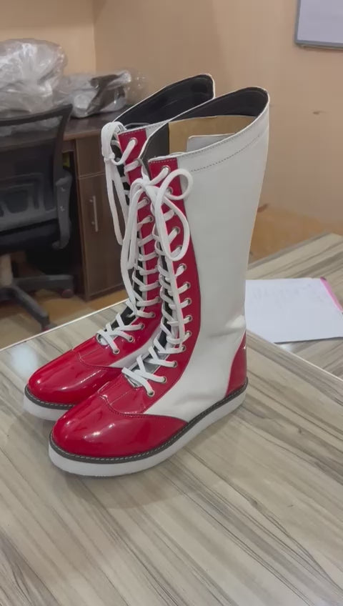 Wrestling Long Shoes, Handmade, 100% Original Leather, White and Red Color, Lace-up Style, Customizable
