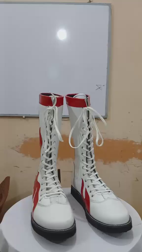 Pro Wrestling Boots, Handmade, 100% Pure Leather, Red Fire Flames, Customizable