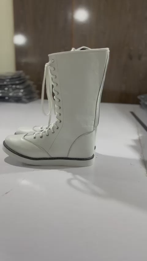 Stoeistewels, Lang Wit Kleurskoene, 100% Egte Leer, Handgemaak, Vetersluitingstyl