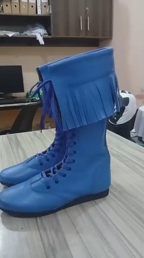 Wrestling Boots with Leather Fringes , Handmade, 100% Original Leather, Blue Color