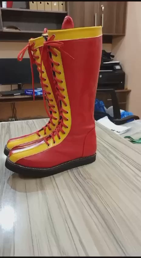 Pro Wrestling Boots, Handmade , 100% original Leather, Red Color with Yellow Tips, Lace-up style, Customizable , Lucha Libre Boots