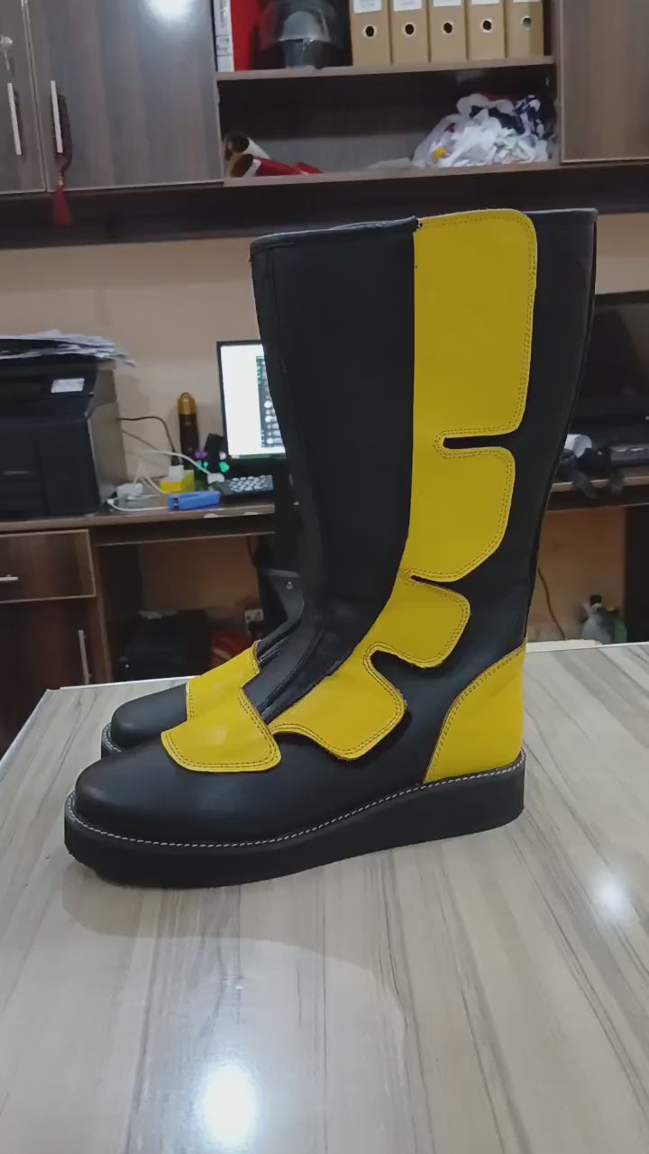 Professionele Stoeistewels, Handgemaak, 100% Oorspronklike Leer, Klittenbandstyl, Swart & Geel Kleur, Aanpasbaar