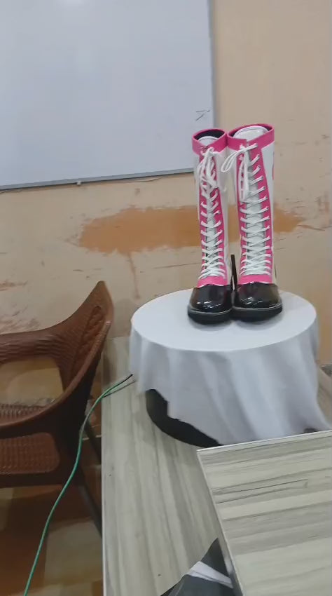 Pro Wrestling Boots, Handmade , Patent Leather, Pink, White & Black Custom Logo