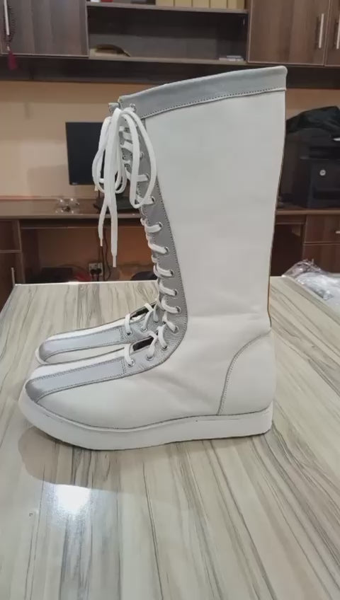 Pro Wrestling Boots, Handmade , 100% original Leather, White Color with Silver  Tips, Lace-up style