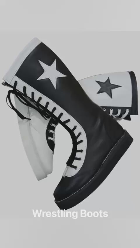 Pro Wrestling Star Stewels, Handgemaak, 100% Oorspronklike Leer - verskillende kleur vir elke voet wit en swart