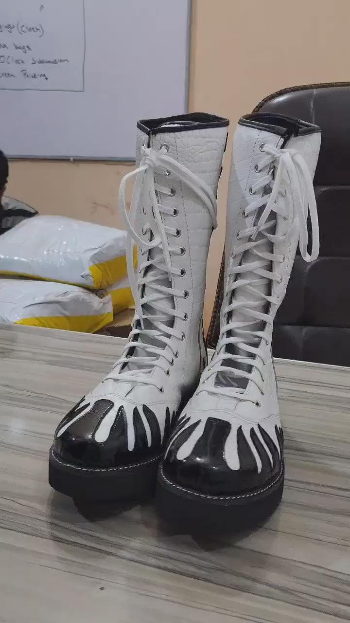 Professionele Stoeistewels, Handgemaak, 100% Oorspronklike Leer, Wit Crocs-patroon en Swart Vuur-styl, Aanpasbare kleure