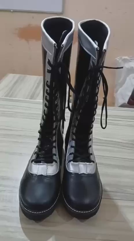 Wrestling Long Boots, 100% Original Leather, Black with Silver trim, Handmade