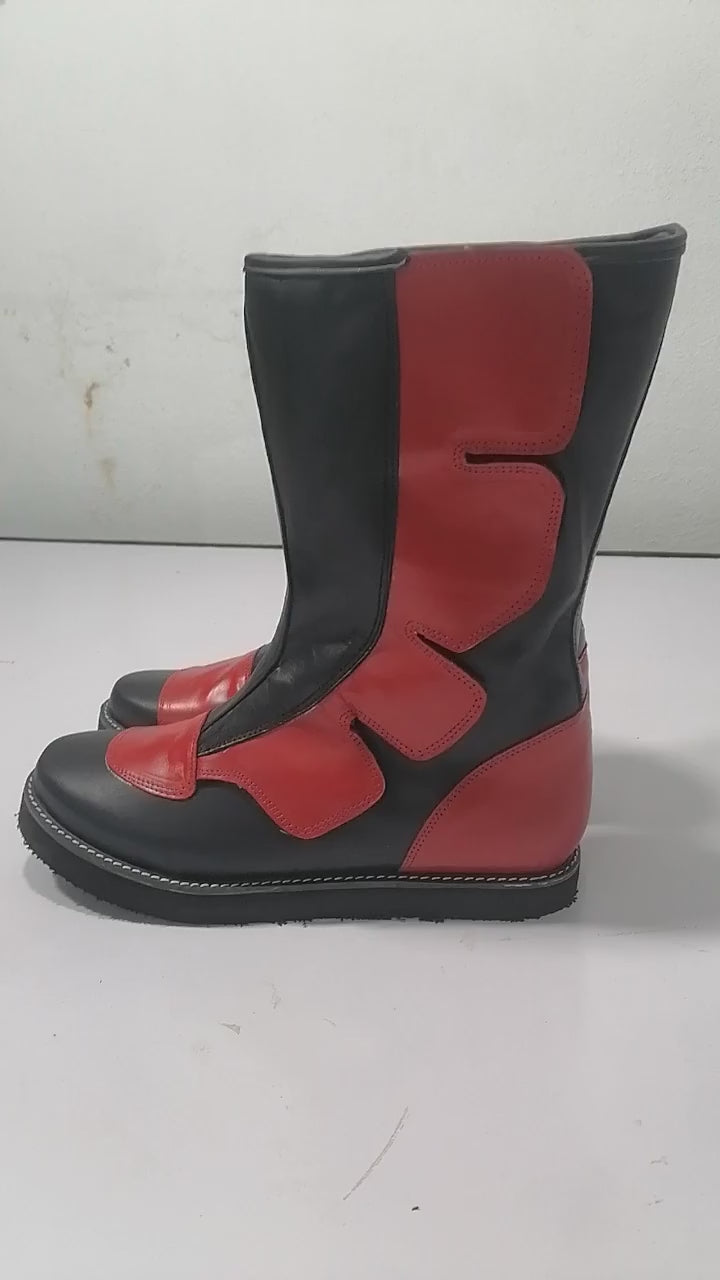 Wrestling Long Boots, Hook and Loop style, Black and Red Color, Handmade, 100% original Leather, Customizable