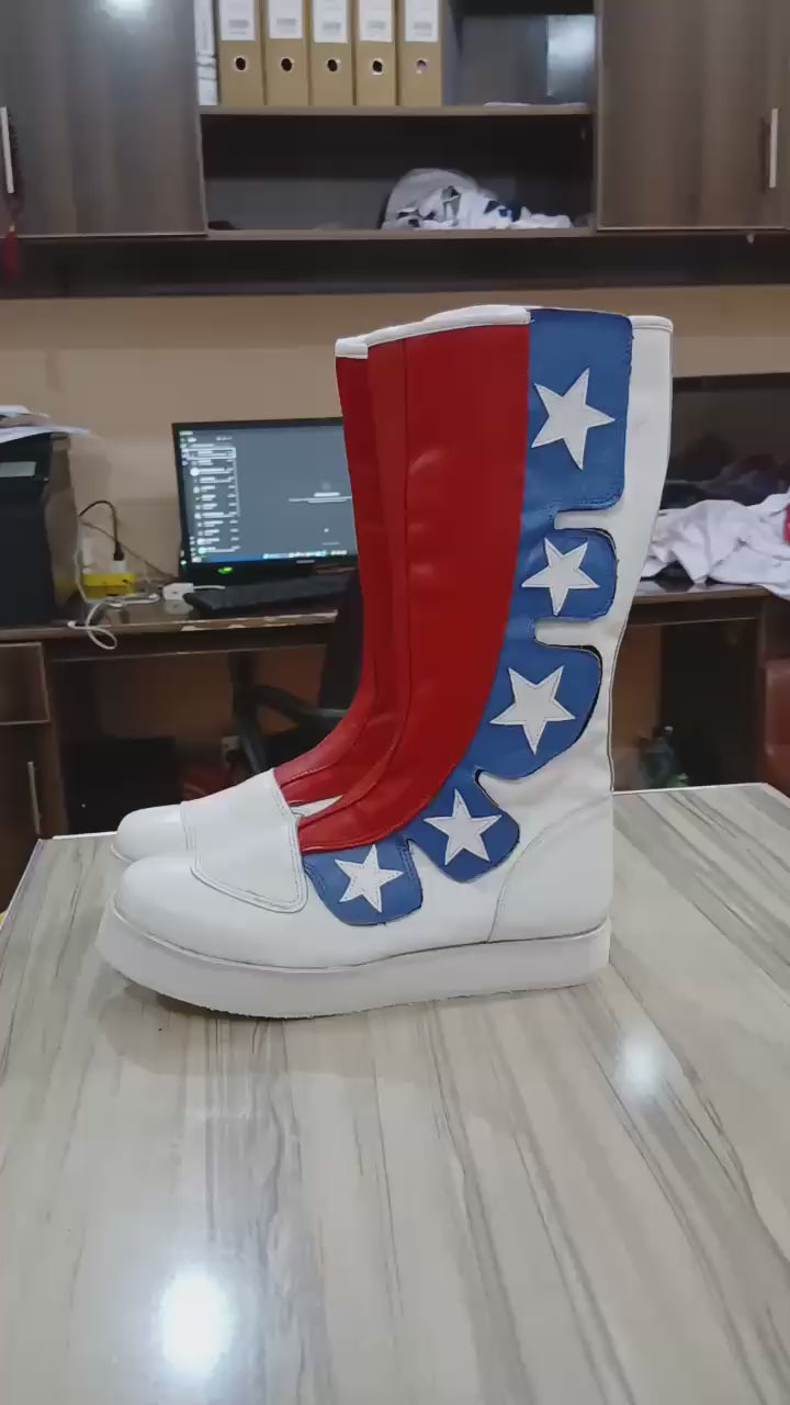 Professionele Stoeistewels, Handgemaak, 100% Oorspronklike Leer, Klittenbandstyl, wit, rooi en blou met sterre Aanpasbaar