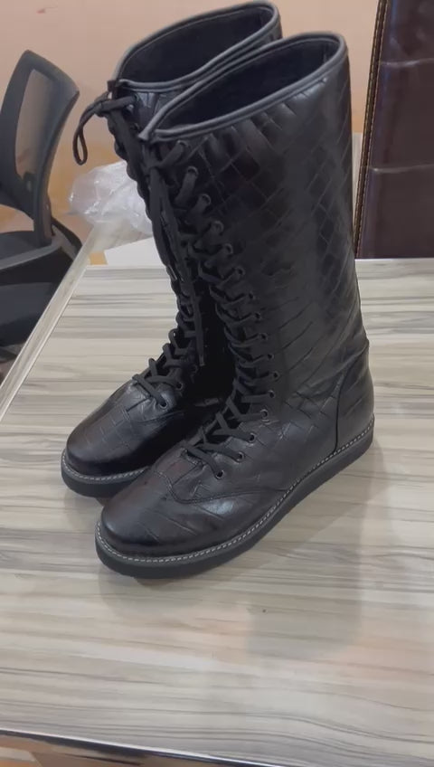 Pro Wrestling Long Boots, Handmade Leather Shoes, 100% Genuine Leather, Black Color, Snake Skin Texture, Customizable, Lace-up style
