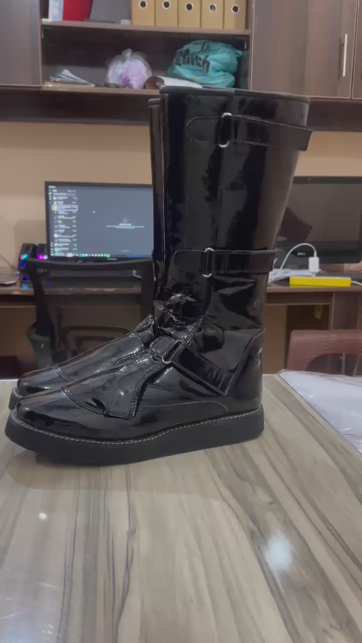 Professionele Stoeistewels, Handgemaak, Klittenbandstyl, Verstelbare Gespe, Patent Swart Glansende Kleur