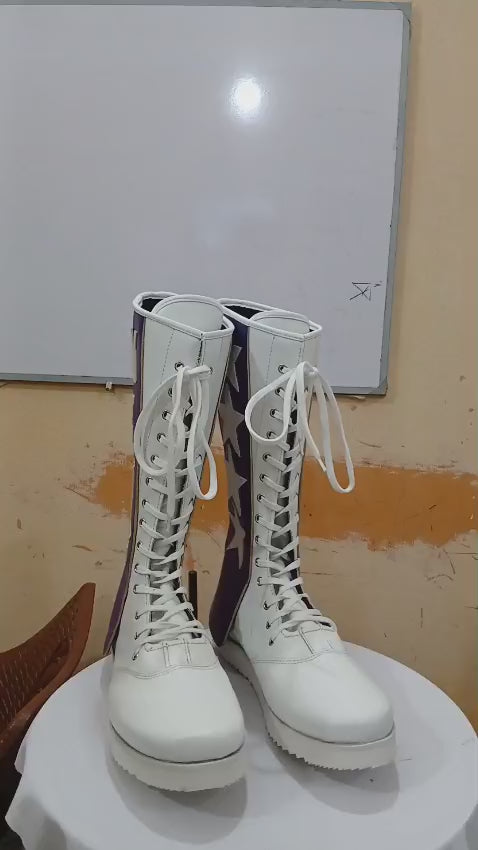 Professionele Stoei Lang Stewels met Leerfranjes, Handgemaak, 100% Oorspronklike Leer, Wit Kleur, Vetersluitingstyl, Aanpasbaar