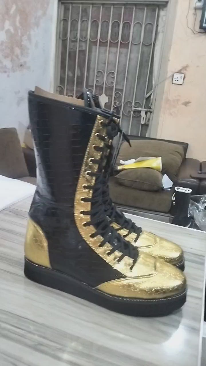 Professionele Stoeistewels, Handgemaak, DX Leer, Goud en swart Crocs-patroon, Aanpasbare kleure