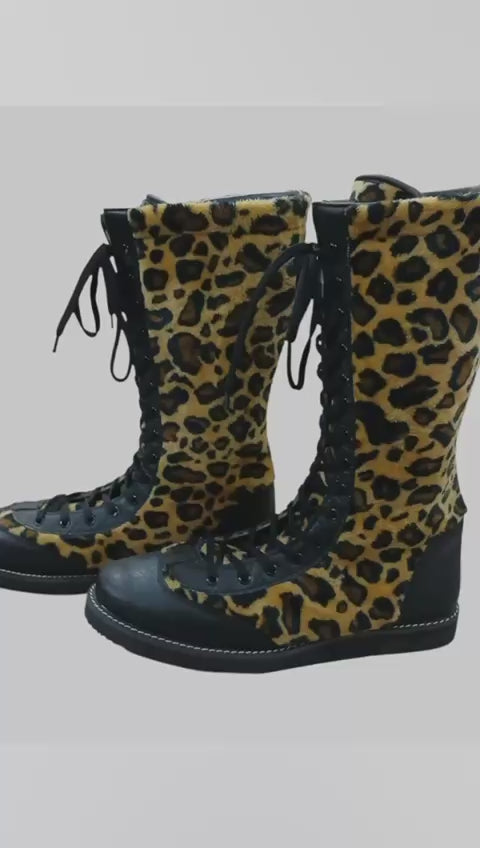 Pro Wrestling Boots Genuine Leather and  with Leopard Print fur