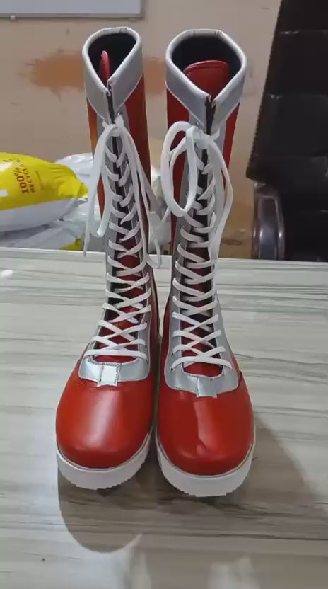 Wrestling Long Boots, 100% Original Leather, Red with Silver trim, Handmade