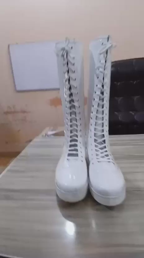 Pro Wrestling Boots, Handmade, Patent White Shinny Color, DX Leather