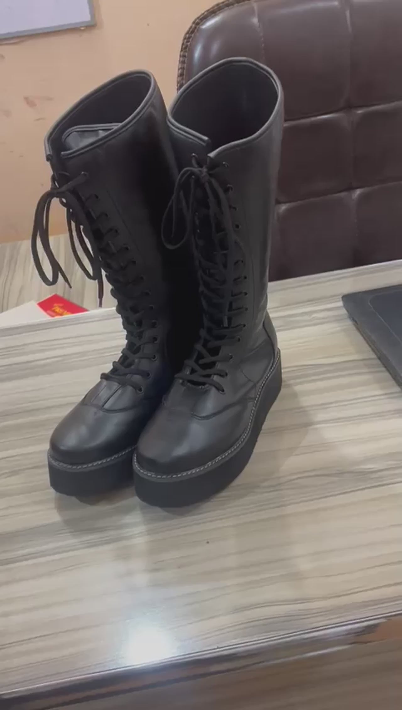 Wrestling Long Boots, Handmade,  Plain Black Color, High Sole, Lace-up style, 100% Original Leather, Customizable