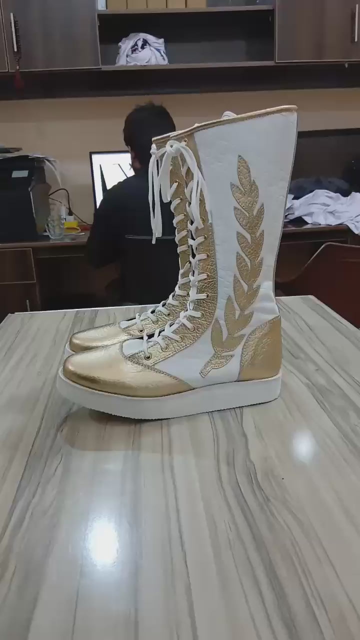 Pro Wrestling Long Boots, 100% Original Leather - in White & Golden with leaves, Crocodile Pattern