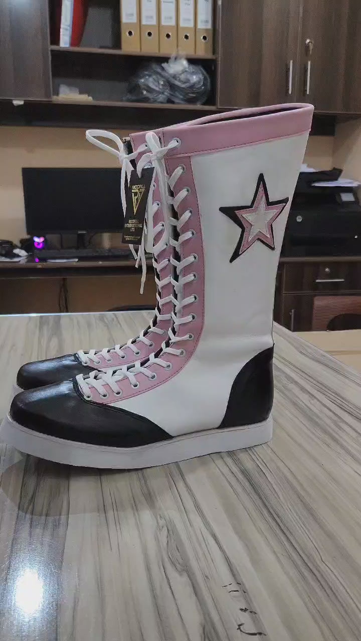 Pro Wrestling Boots, Handmade , 100% original Leather, Pink, White & Black star Boots, Customizable