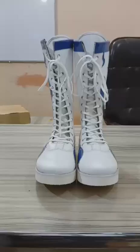 Professionele Stoeistewels, Handgemaak, 100% Suiwer Leer, Blou Vuurvlamme, Aanpasbaar