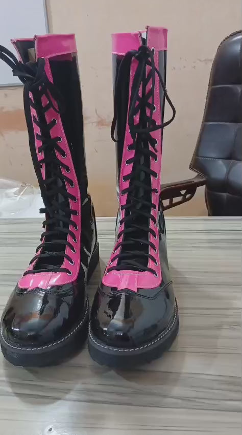 Pro Wrestling Boots, Handmade , 100% original Leather, Pink, Black with stars Boots