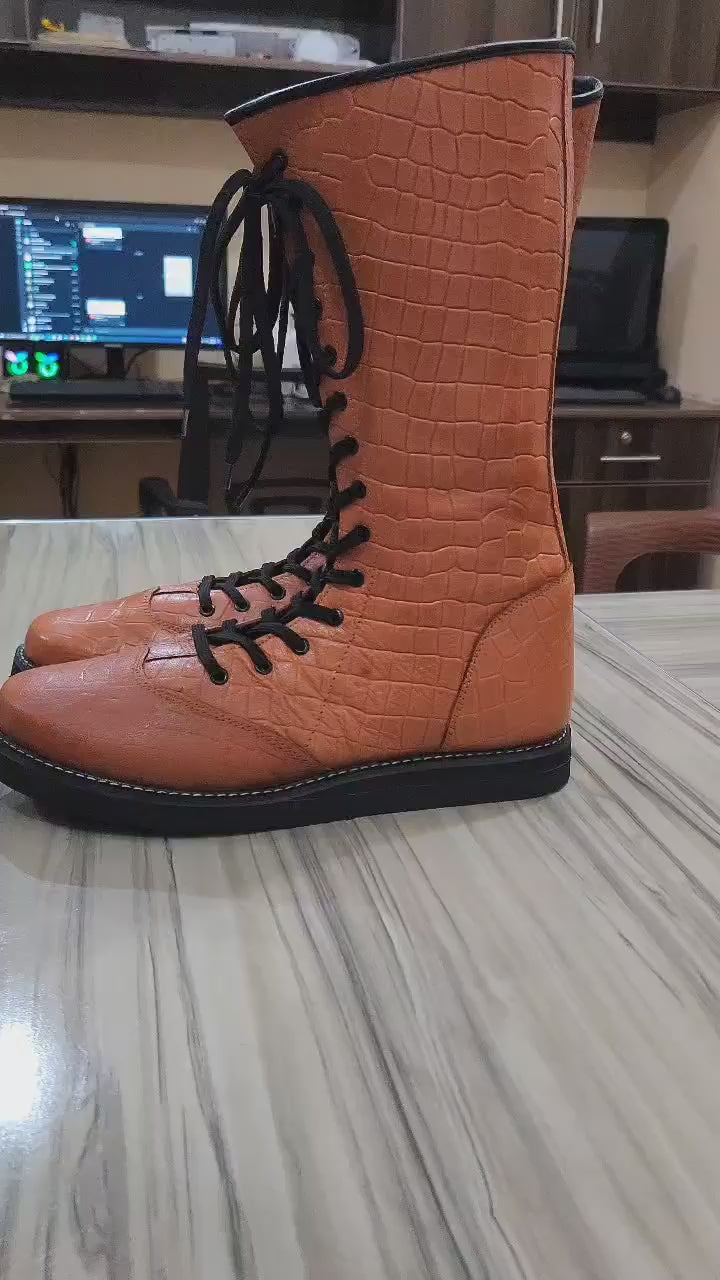 Pro wrestling Long Boots, 100% Original Leather, Brown Color, Handmade, Snake Skin Pattern Leather