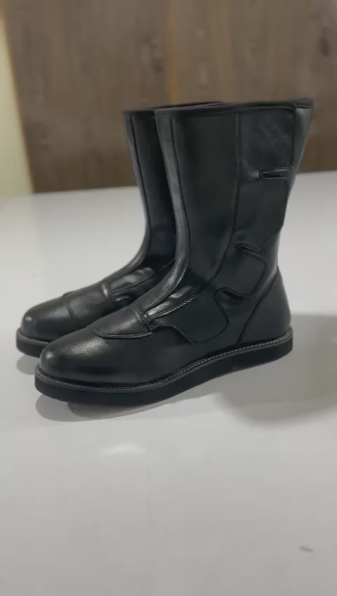 Stoei Lang Stewels, Swart Kleur, Handgemaak, 100% Oorspronklike Leer, Klittenbandstyl, Aanpasbare kleure en Sooldikte