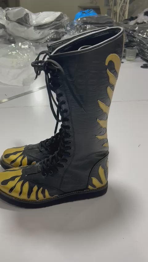 Pro Wrestling Long Boots, Handmade, 100% Original Leather, Gold Fire Style, Customizable colors