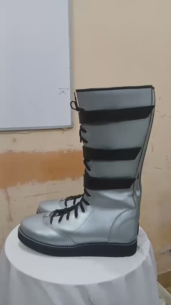 Handmade Leather Pro Wrestling Boots: Silver with Black Straps