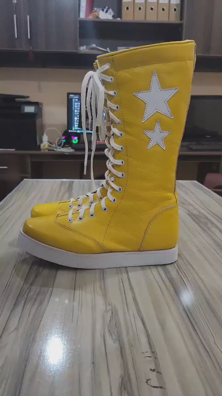 Professionele Stoeistewels, Macho Man Geïnspireer, Handgemaak, 100% Oorspronklike Leer, Geel Kleur, Wit Sterre