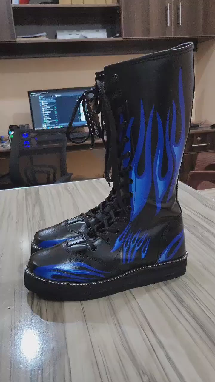 Pro Wrestling Boots, Handmade, 100% Pure Leather, Blue Fire Flames Design, Customizable