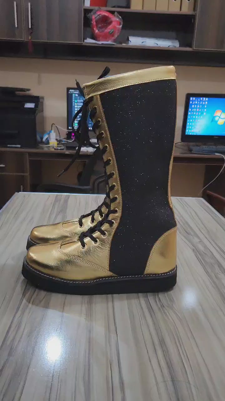 Wrestling Boots, Handmade, 100% Original Leather, Golden and Black Glitter Color