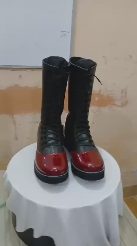 Handmade Pro Series Leather Wrestling Boots- Black & Maroon