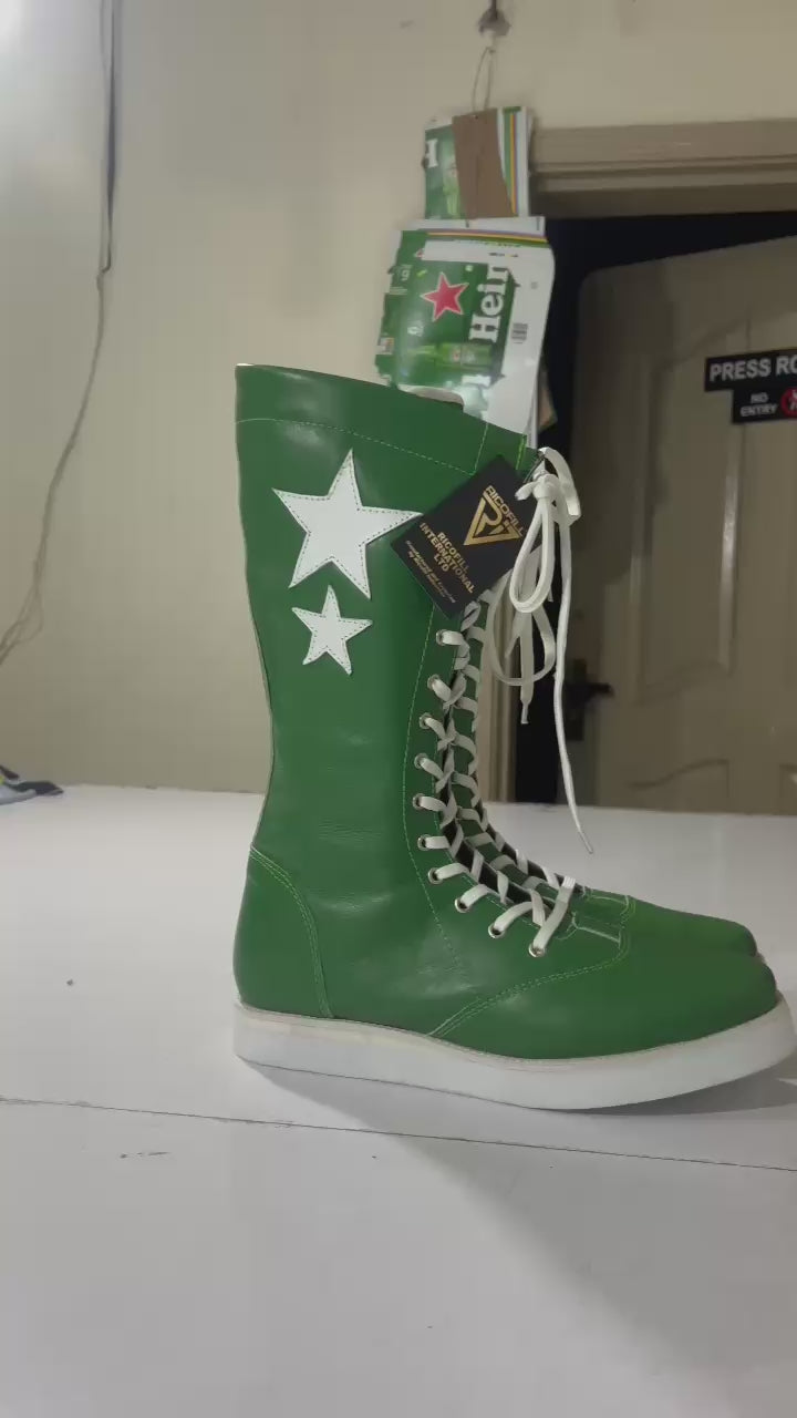 Professionele Stoeistewels, Macho Man Geïnspireer, Handgemaak, 100% Suiwer Leer, Groen Kleur, Wit sterre