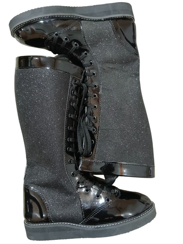 Wrestling Boots, Handmade, 100% Original Leather, Black Patent and Black Glitter Color